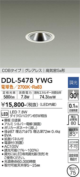 DDL-5478YWG | 照明器具 | LED高天井用ダウンライト グレアレス埋込穴