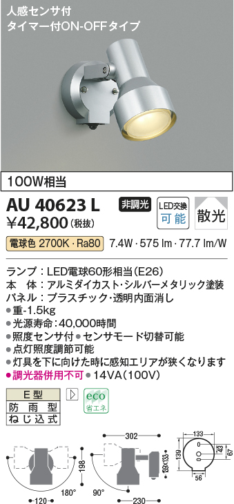 開店記念セール コイズミ 人感センサ付 アウトドアLEDスポットライト AU40623L