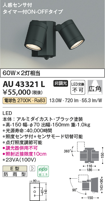 コイズミ照明 アウトドアスポットライト人感センサ付(白熱球60W×2灯相当)黒色 AU43321L - 4