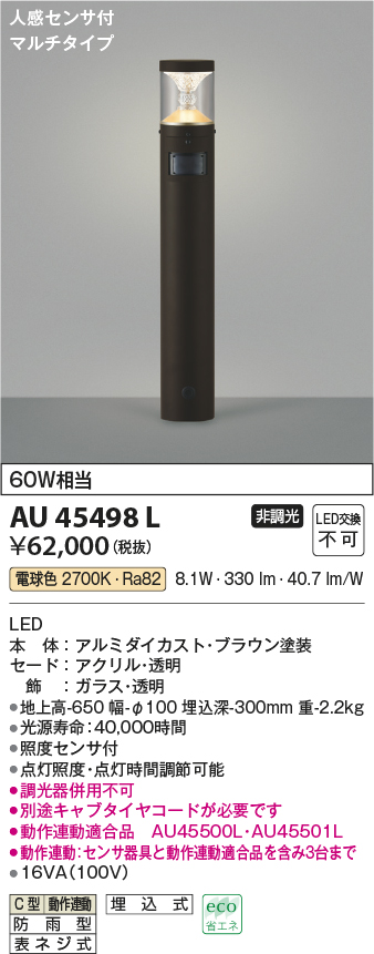省スペース 洗える おしゃれ KOIZUMI コイズミ照明 LED一体型ガーデンライト TWIN LOOKS 防雨型 クラシカルタイプ 白熱球60W相当  電球色 マルチタイプ人感センサ付 黒 AU45499L