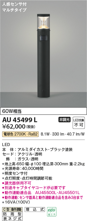 コイズミ照明 人感センサ付ガーデンライト TWINLOOKS マルチタイプ 電球色 黒色 AU45499L-