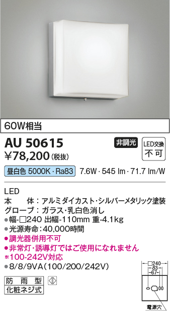 KOIZUMI コイズミ照明 AU50615 アウトドアライト LED一体型 非調光 昼白色 防雨型 化粧ネジ式 シルバー