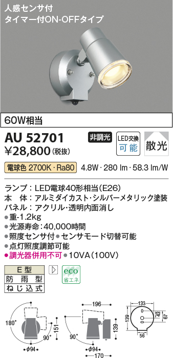 コイズミ 屋外用スポットライト センサー付 ブラック LED（昼白色） 散光 AU54115 - 2