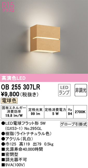 OB255307LRLEDブラケットライト 白熱灯器具60W相当R15高演色 クラス2 電球色 非調光オーデリック 照明器具 壁付け 階段・廊下など