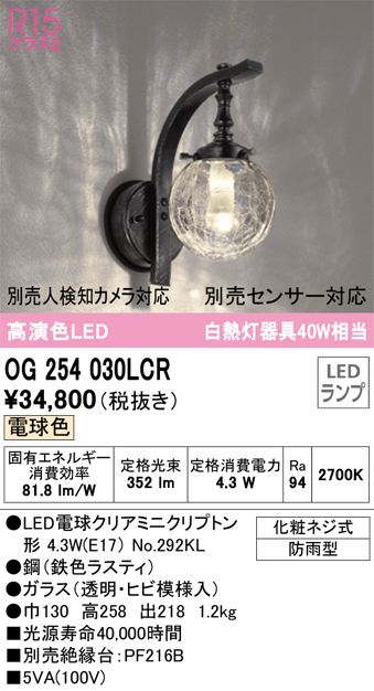 オーデリック ポーチライト R15 クラス2 #OG 254 030LCR 別売センサー