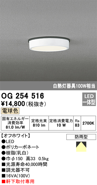 OG254516 | 照明器具 | ☆エクステリア 軒下用LED小型シーリングライト