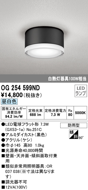 OG254599ND | 照明器具 | エクステリア 軒下用LEDシーリングダウンライト 白熱灯器具100W相当昼白色 非調光 防雨型