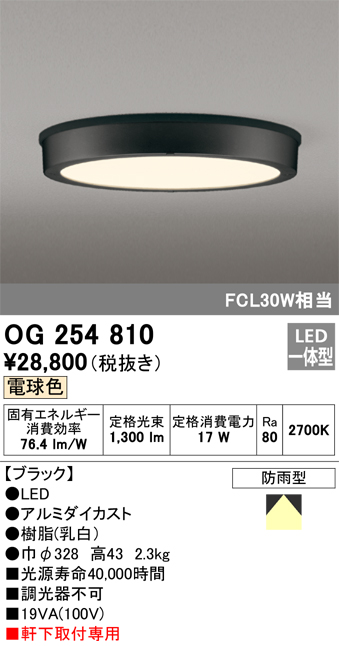 OG254810 オーデリック 軒下用シーリングライト LED（電球色）