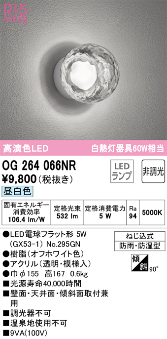 OG264066NR 照明器具 エクステリア LEDポーチライト 白熱灯器具60W相当R15高演色 クラス2 昼白色 防雨・防湿型オーデリック  照明器具 玄関 屋外用 タカラショップ