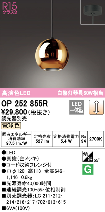 OP252855R | 照明器具 | LEDペンダントライト R15高演色 クラス2 白熱 