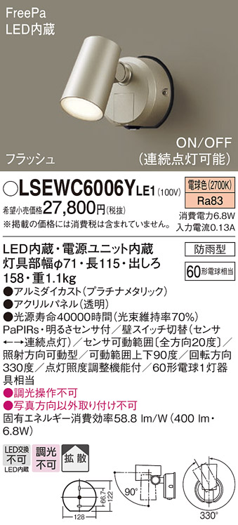Panasonic LSEWC6001BK センサー付きスポットライト