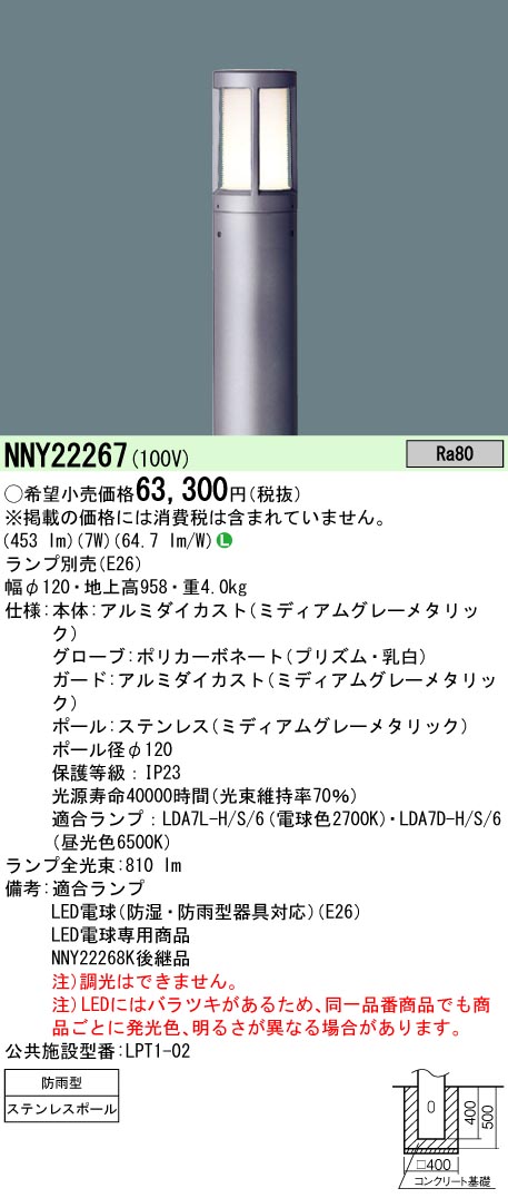 NNY22267エクステリア LEDローポールライトランプ別売 非調光 防雨型Panasonic 照明器具 屋外用 玄関 庭 エントランス