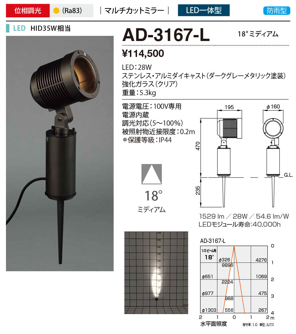 AD-3167-L エクステリア LED一体型 屋外投光器 ユニコーンスポットEX HID35W相当 マルチカットミラー 防雨型 位相調光 電球色  18°ミディアム 山田照明 屋外照明