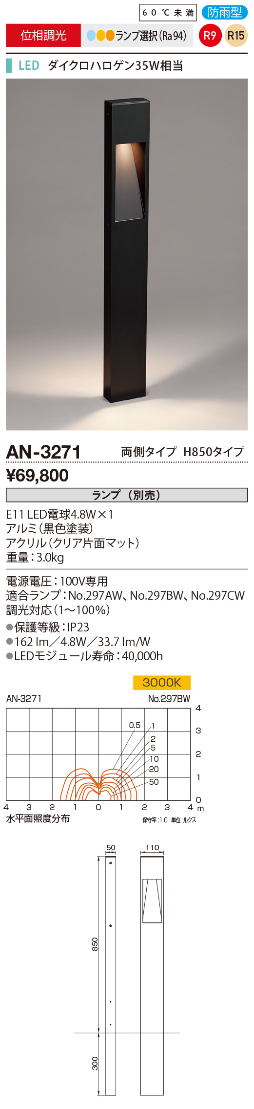 山田照明 AN-3271 エクステリア LEDガーデンライト フラットバー 50 Rf ダイクロハロゲン35W相当 防雨型 位相調光 ランプ別売  両側タイプ H850タイプ 山田照明 照明器具