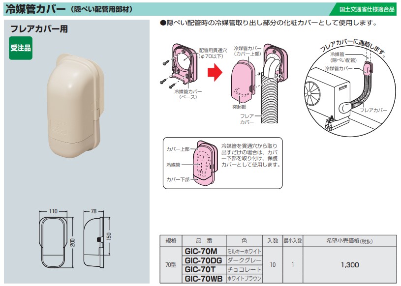 未来工業 電設資材 エアコン配管材冷媒管カバー(隠ぺい配管用部材)70型 ミルキーホワイト GIC-70M