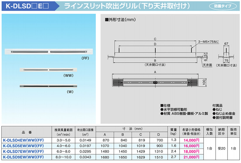 ●K-DLSD9Eラインスリット吹出グリル（下り天井取付け)オーケー器材(ダイキン) 防露タイプ吹出口