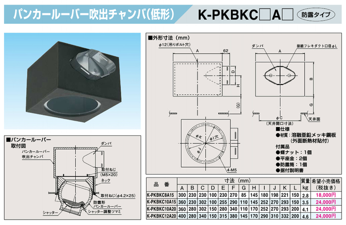 K-PKBKC10A20 | エアコン設置用部材 | オーケー器材(ダイキン) 吹出関連商品パンカールーバー吹出チャンバ 低形 防露タイプ
