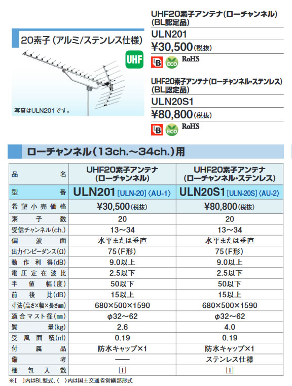 ULN20S1 | アンテナ機器 | DXアンテナ 共同受信用UHFアンテナローチャンネル(13ch.～34ch.)用UHF20素子(ステンレス) |  タカラショップ