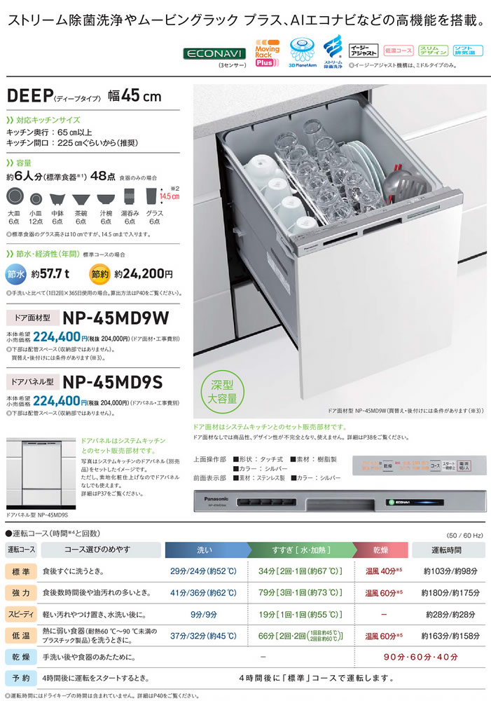 激安 楽天 ○NP-45RD9Sビルトイン食器洗い乾燥機 R9シリーズ 奥行65cm幅45cm ディープタイプ ドアパネル型(シルバー)容量 食器洗い 乾燥機