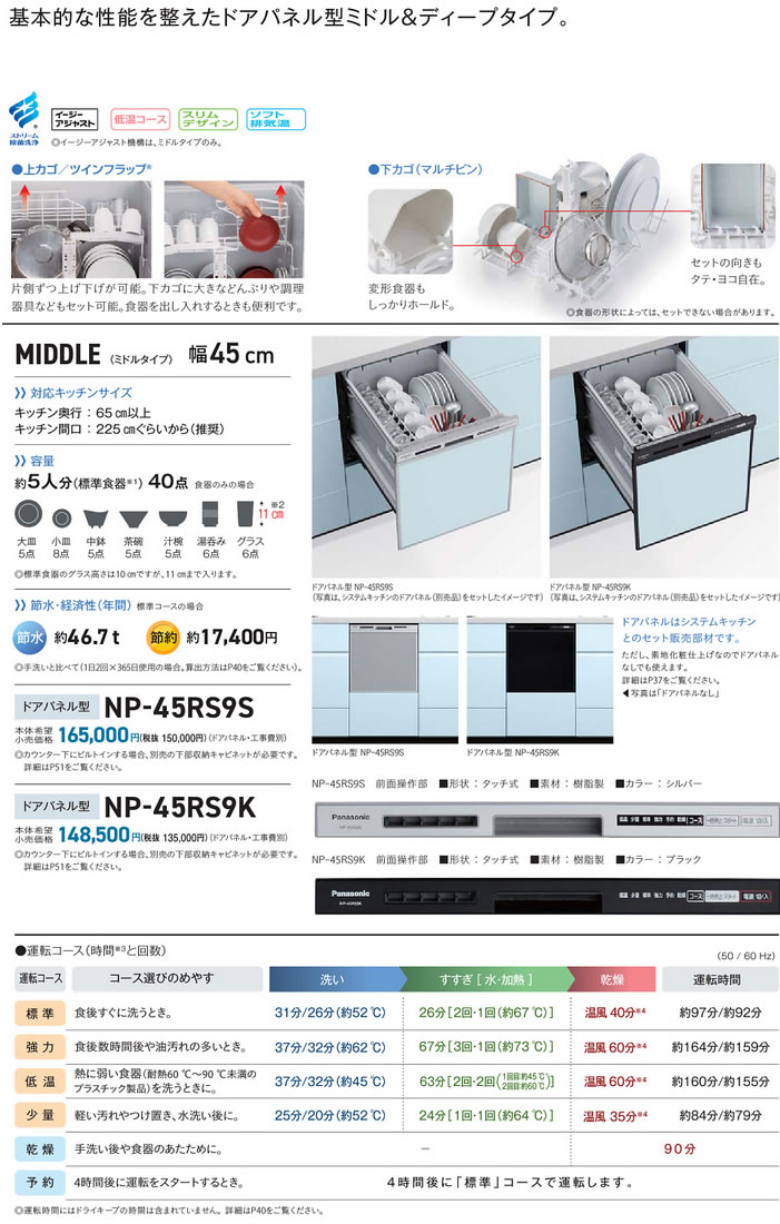 日本最大級 NP-45MS9S パナソニック M9シリーズ 食器洗い乾燥機 ミドルタイプ ドアパネル型 食洗機