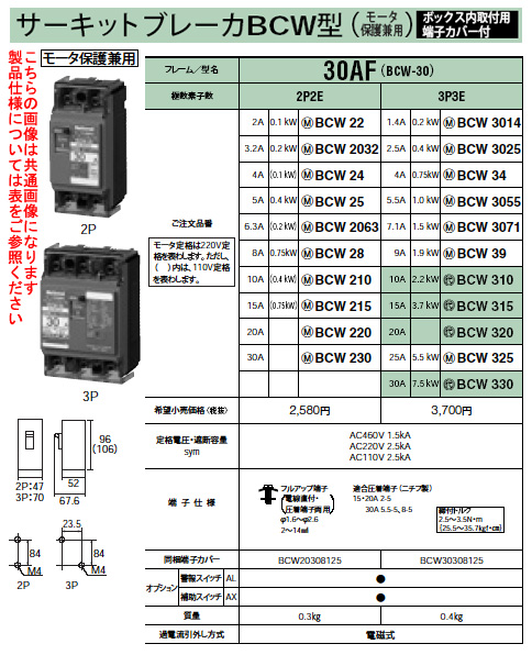 Panasonic 電設資材ブレーカサーキットブレーカBCW型（モータ保護兼用）ボックス内取付用端子カバー付極数素子数3P3E  定格電流7.1ABCW3071