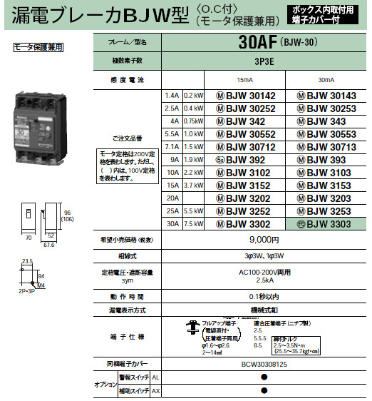 Panasonic 電設資材ブレーカ漏電ブレーカBJW型（OC付）（モータ保護兼用）ボックス内取付用端子カバー付極数素子数3P3E  定格電流15ABJW3152