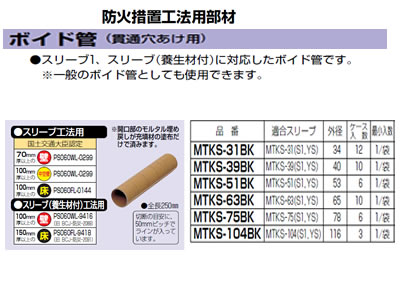 MTKS-75BK | 配管材 | 未来工業 電設資材防火措置工法用部材 スリーブ 
