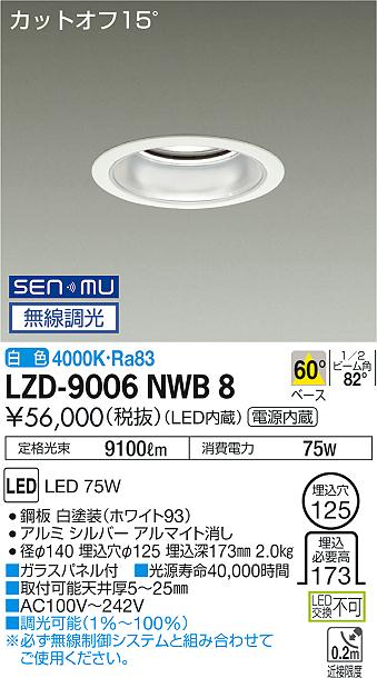 LZD-9006NWB8LEDベースダウンライト 埋込穴φ12510000クラス メタルハライドランプ250W相当 電源内蔵カットオフ15°  シルバーマットコーン60°配光 白色 SENMU無線調光大光電機 施設照明