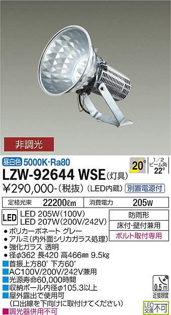 大光電機 大光電機 LZW-92644WSE LEDアウトドアライト ハイパワー投光器 水銀灯1kW相当 20°中角形 非調光 昼白色 防雨形  屋外照明 床付・壁付兼用