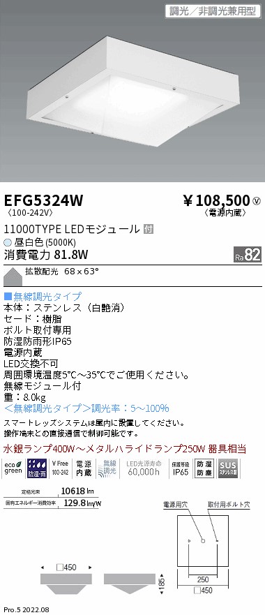 売れ筋アイテムラン 高天井用照明 防湿防塵シーリングライト アルミ製 11000lmTYPE 5000K 昼白色 EFG5454S