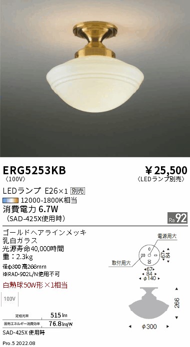ERG5253KB | 施設照明 | LEDシーリングライト本体のみ ランプ別売(E26