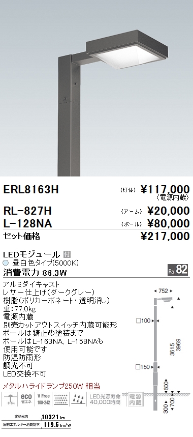 ERL8163H 施設照明 アウトドアライト LEDZ Pole Light ポール灯 灯体のみメタルハライドランプ250W×2灯相当  10000lmタイプ 非調光 昼白色遠藤照明 施設照明 タカラショップ