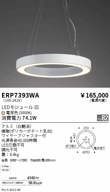 ERP7393WALEDペンダントライト 電源内蔵 LEDモジュール付電球色 非調光 要電気工事 遠藤照明 施設照明