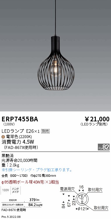 ERP7455BA | 施設照明 | LEDZ LAMP ペンダントライト本体のみ ランプ