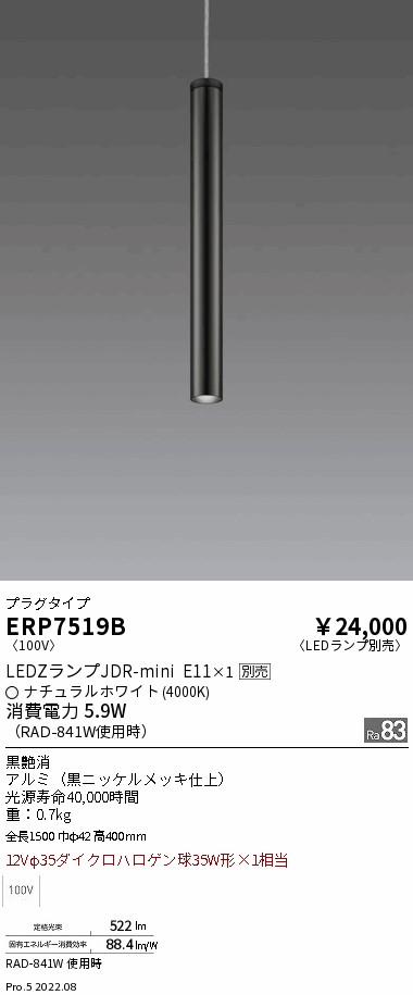 ERP7519B | 施設照明 | LEDZ LAMP ペンダントライト プラグタイプ本体