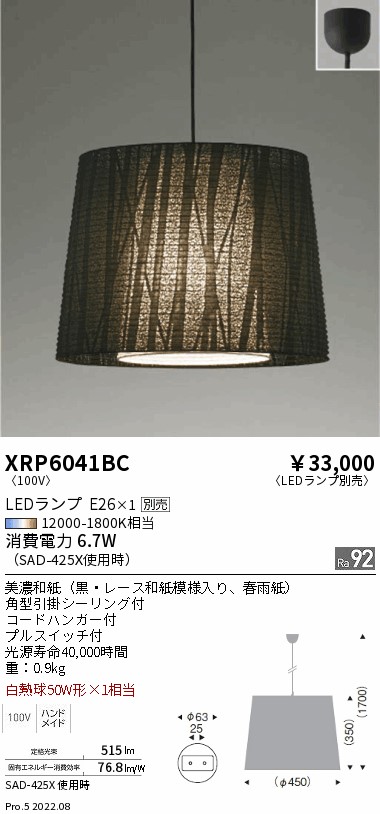 XRP6041BCLEDZ LAMP ペンダントライト AbitaExcel本体のみ ランプ別売(E26) 無線調光対応 電気工事不要遠藤照明 施設照明