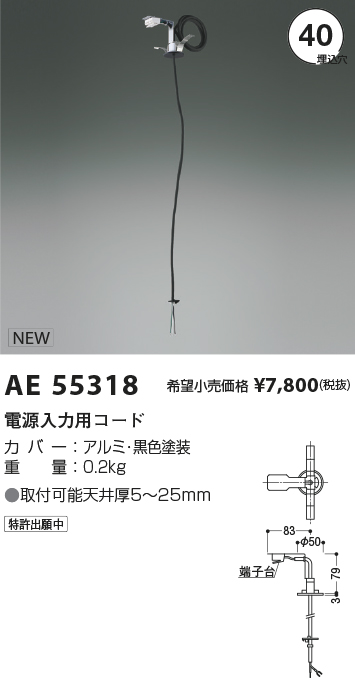 AE55318Solid Seamless Pendant用 電源入力用コードコイズミ照明 施設照明部材