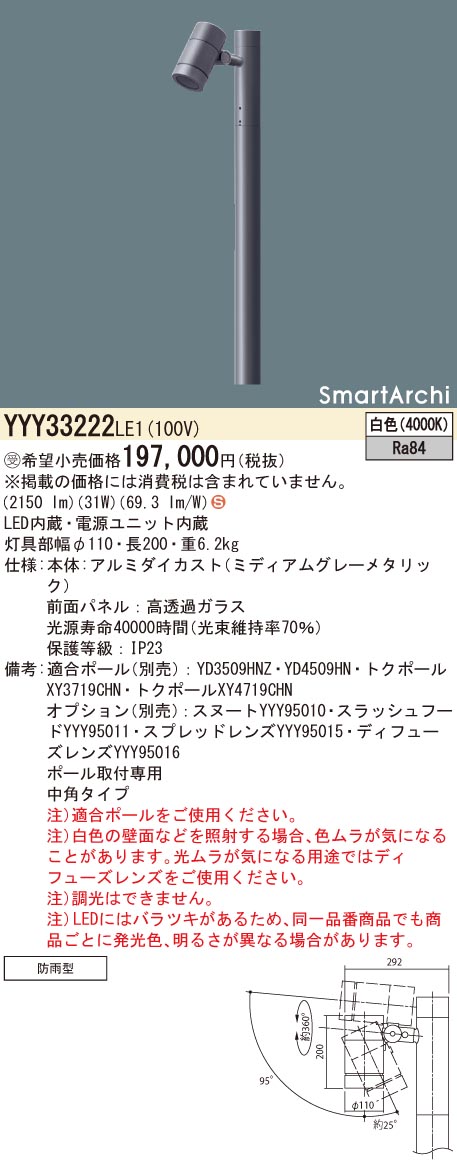 Panasonic パナソニック SmartArchi 屋外用スポットライト 広角 LED（白色） YYY32732LE1 屋外照明