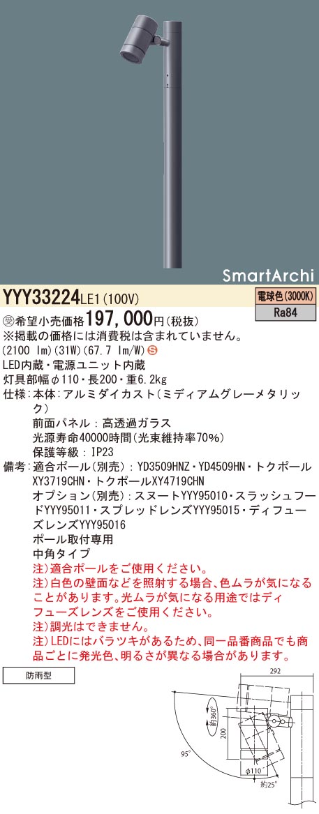パナソニック SmartArchi ポールスポットライト ポール別売 1灯 LED（電球色） 中角 YYY33224LE1 - 4