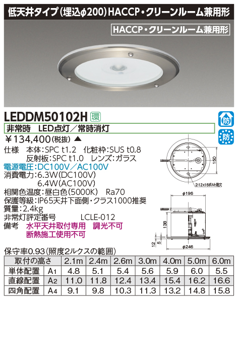 LEDDM50102H | 施設照明 | LED非常用照明器具 電源別置形低天井タイプ 