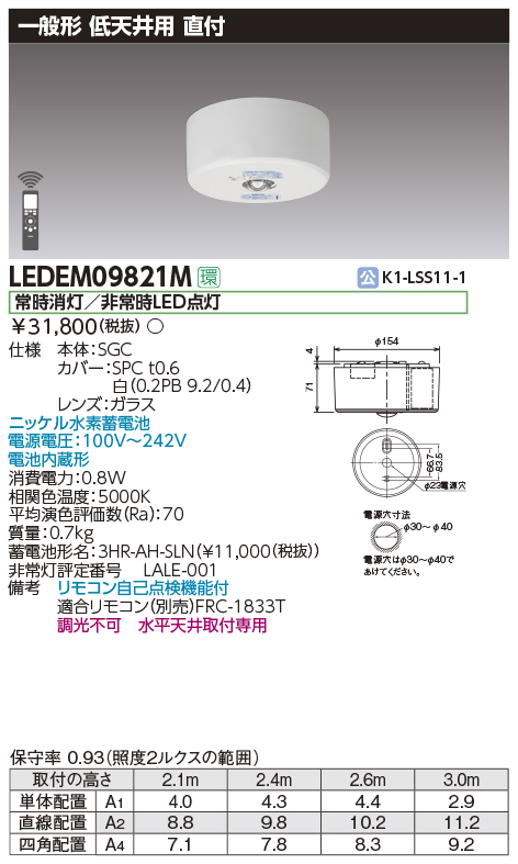 LEDEM09821MLED非常用照明器具 専用形 9形 低天井用（～3m） 直付一般形30分間 リモコン自己点検機能付 非調光東芝ライテック 施設照明