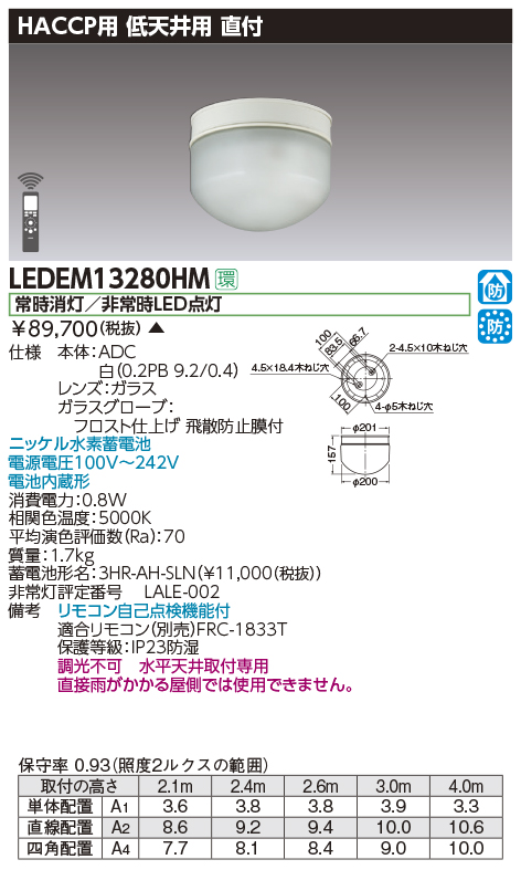 LEDEM13280HM 施設照明 LED非常用照明器具 専用形13形 低天井用（～3m） 直付防湿・防雨形30分間 HACCP用リモコン自己点検機能付  非調光東芝ライテック 施設照明 タカラショップ