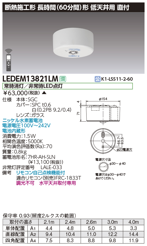 LEDEM13821LMLED非常用照明器具 専用形 13形 低天井用（～3m） 直付形長時間60分間 リモコン自己点検機能付 非調光東芝ライテック  施設照明