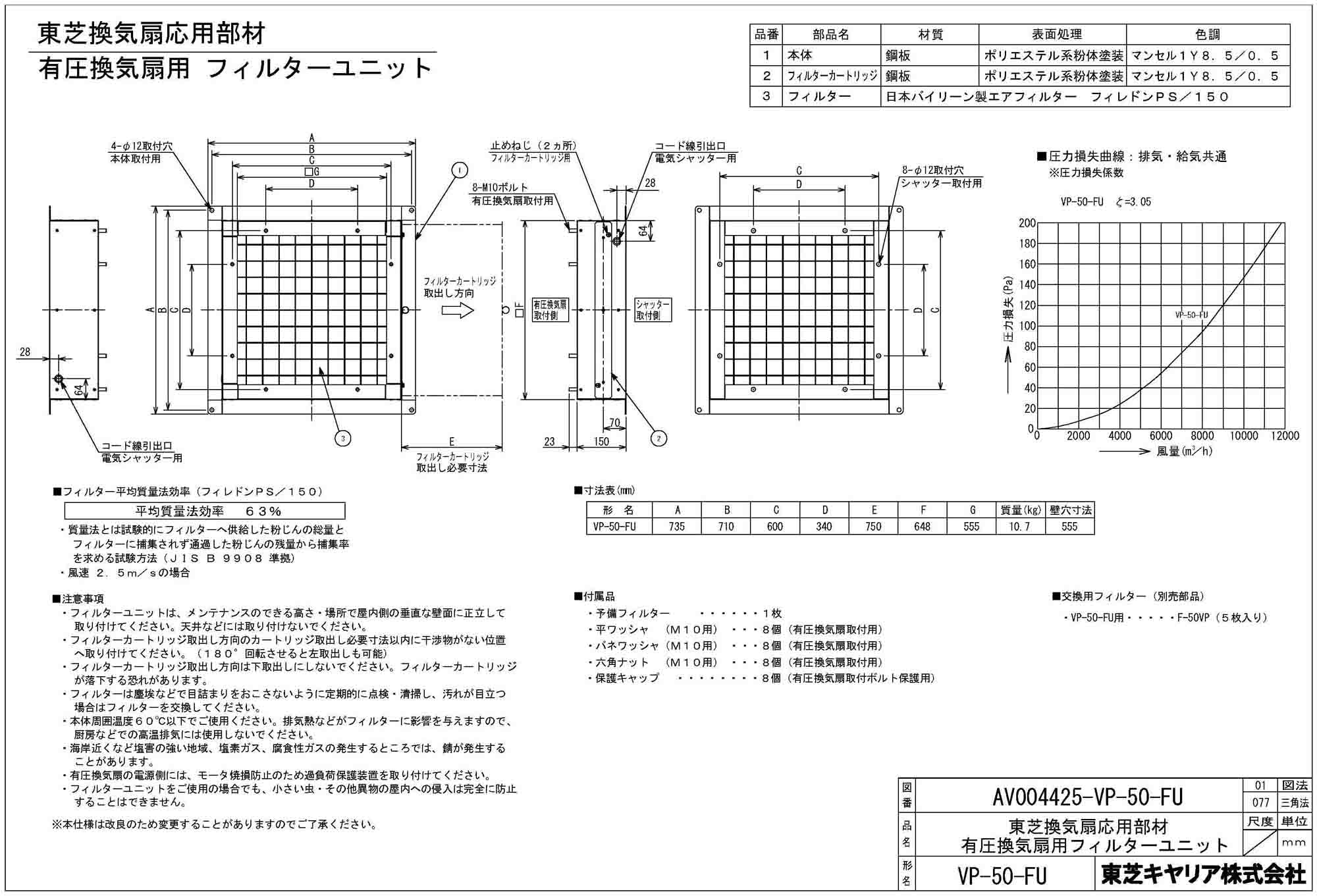 産業用換気扇用別売部品 東芝 TOSHIBA フィルターユニット VP-40-FU - 1