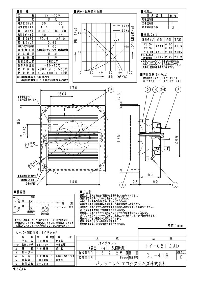 FY-08PD9D | 換気扇 | ◇☆パナソニック Panasonic パイプファン ...