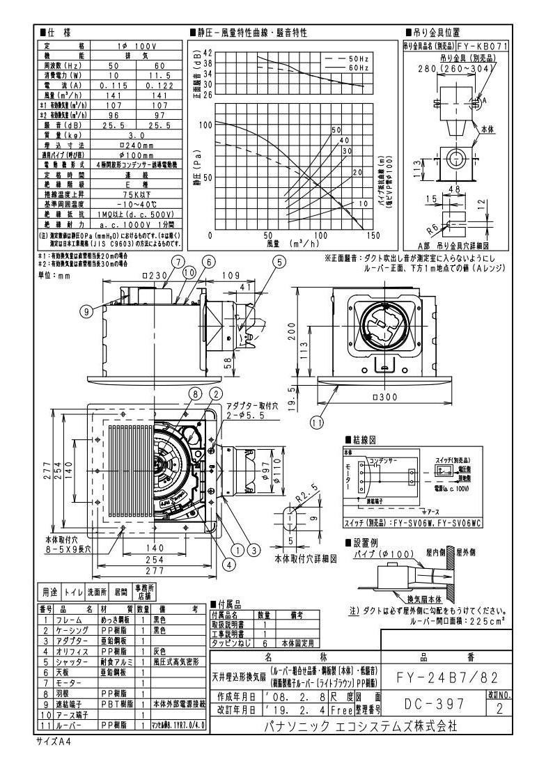 FY-24B7-82 | 換気扇 | XFY-24B7/82パナソニック Panasonic 天井埋込形換気扇ルーバー組合せ品番(樹脂製 横