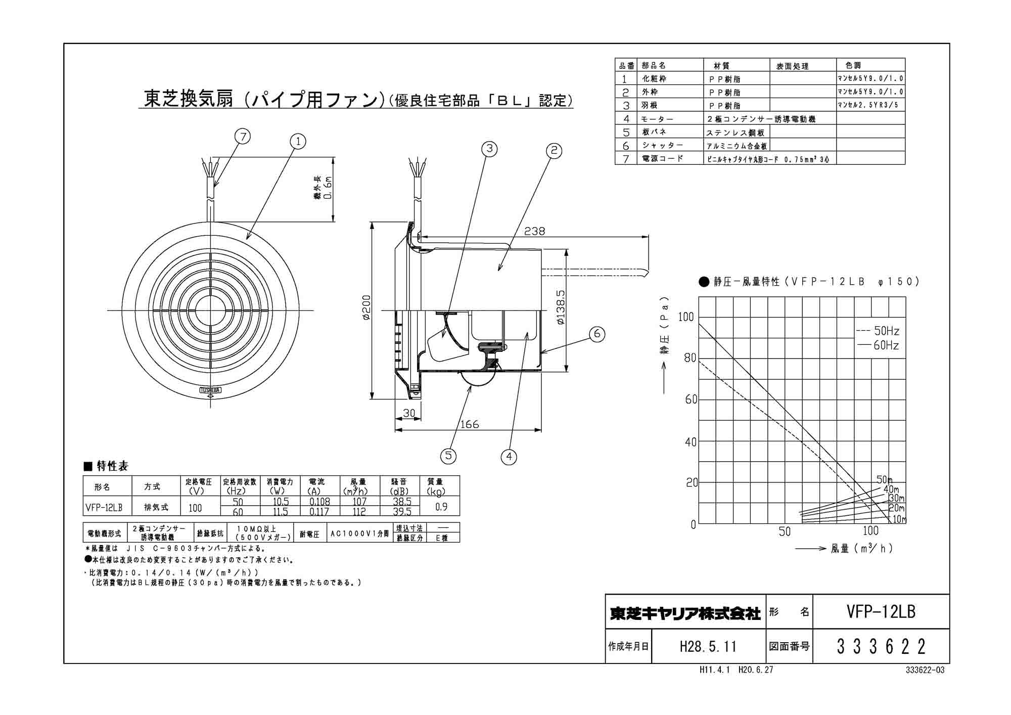 東芝 TOSHIBA 圧力形パイプ用ファン VFP-12X4