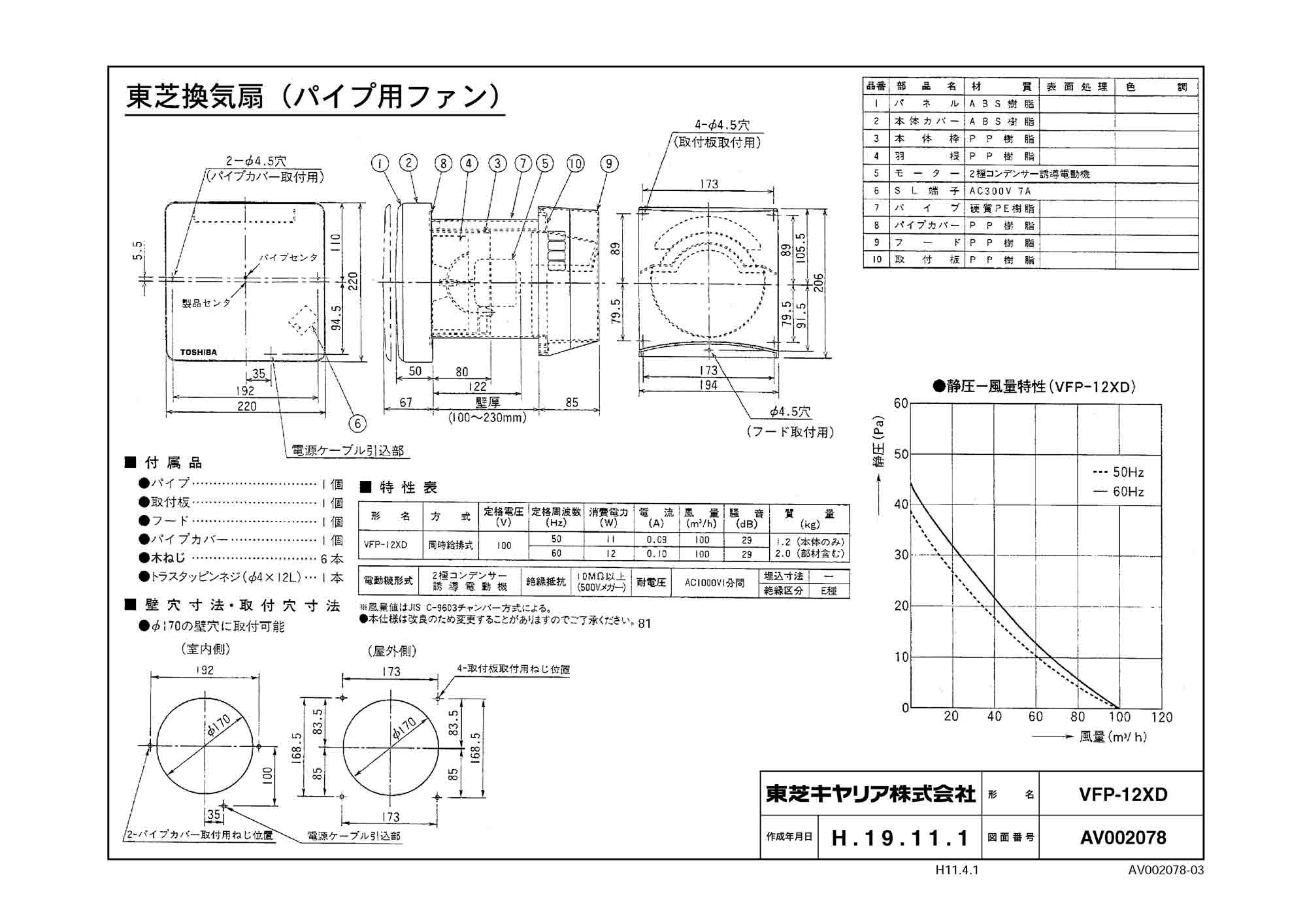 VFP-12XD | 換気扇 | 日本キヤリア 圧力形パイプ用ファンパネルタイプ