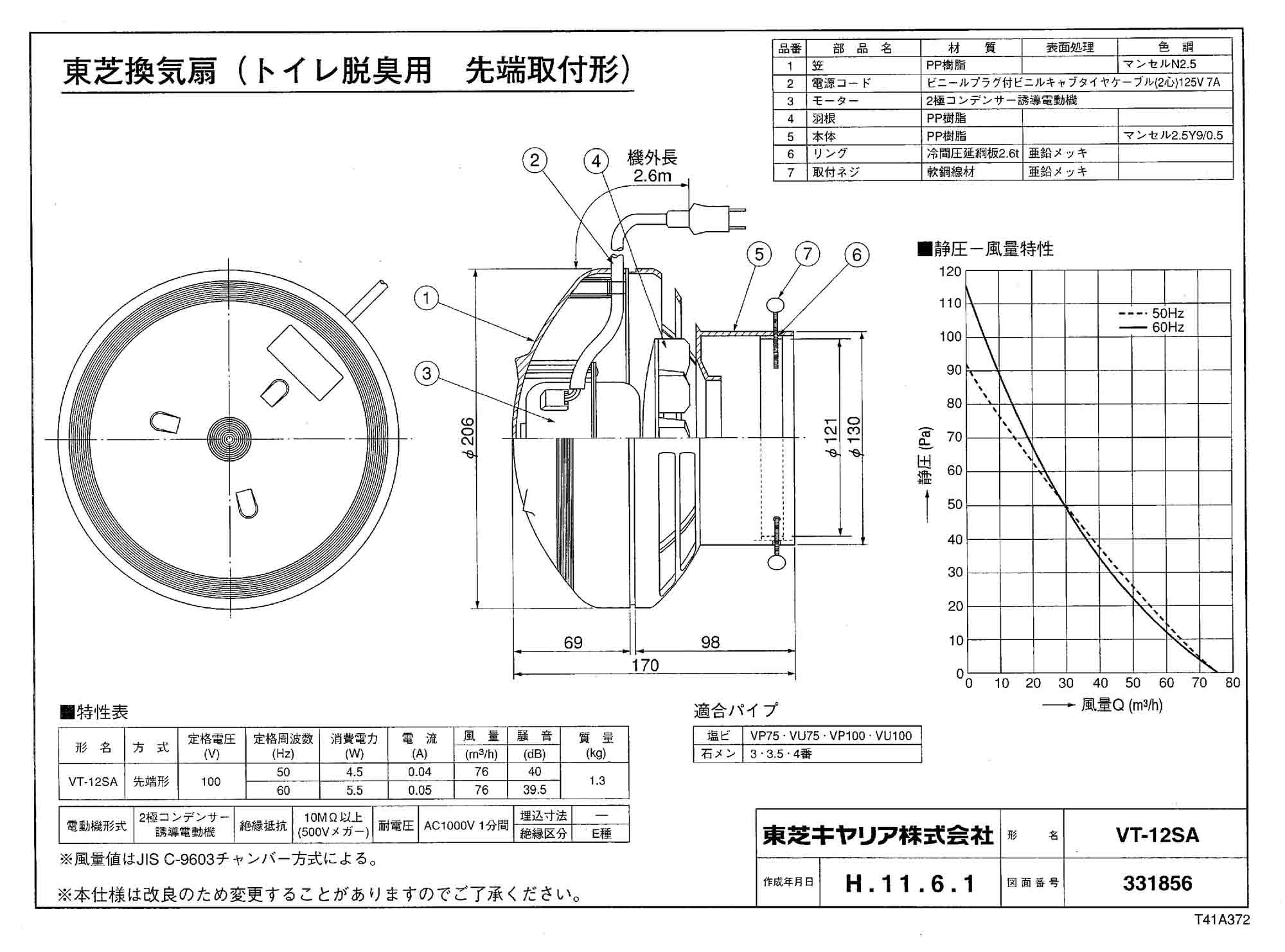VT-12SA | 換気扇 | 東芝 汲み取り式トイレ用換気扇先端形 12cm コード