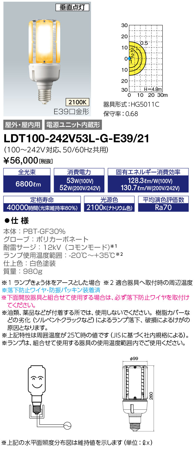 LDT100-242V53L-G-E39 レディオック LEDライトバルブK 電源内蔵 水銀